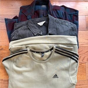 Men’s shirt bundle adidas sweater, long sleeve flannel, short sleeve shirt, L